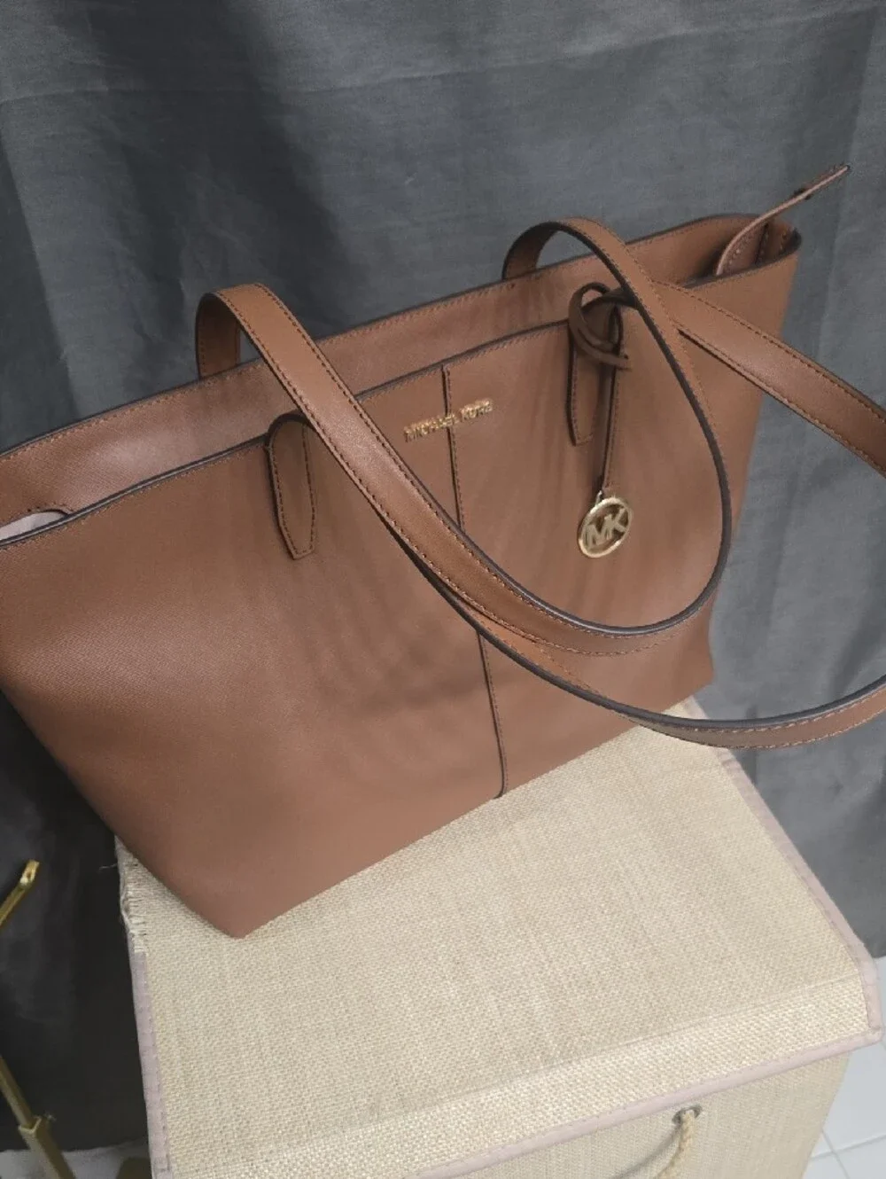 Michael Kors Brown  Leather Medium Zip Top Tote with Gold MK Charm